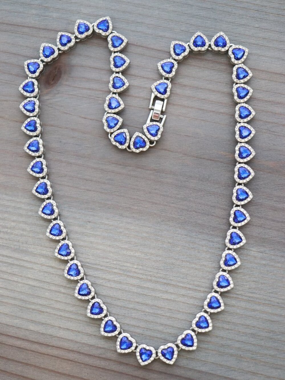 Blue Heart Halo Diamond Chain Tennis Necklace Silver Plated with Rhinestones